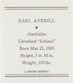 1977 Dover Publications Classic Baseball Cards Reprints #NNO Earl Averill Back