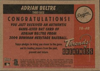 2004 Bowman Heritage - Threads of Greatness #TG-AB Adrian Beltre Back