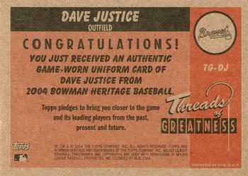 2004 Bowman Heritage - Threads of Greatness #TG-DJ David Justice Back