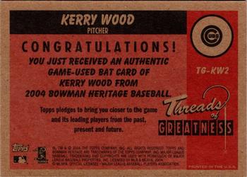 2004 Bowman Heritage - Threads of Greatness #TG-KW2 Kerry Wood Back