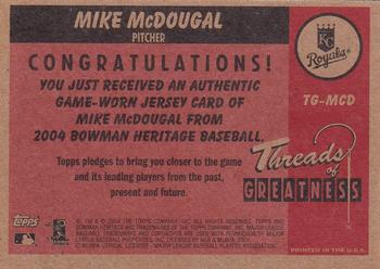 2004 Bowman Heritage - Threads of Greatness #TG-MCD Mike MacDougal Back
