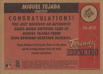 2004 Bowman Heritage - Threads of Greatness #TG-MT2 Miguel Tejada Back