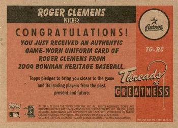 2004 Bowman Heritage - Threads of Greatness #TG-RC Roger Clemens Back