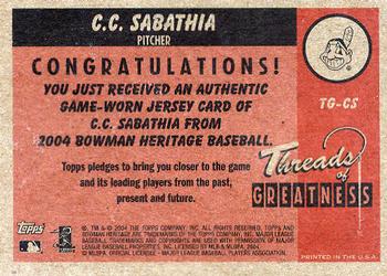 2004 Bowman Heritage - Threads of Greatness #TG-CS CC Sabathia Back