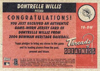 2004 Bowman Heritage - Threads of Greatness #TG-DW Dontrelle Willis Back