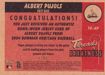2004 Bowman Heritage - Threads of Greatness Gold #TG-AP Albert Pujols Back