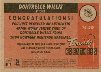 2004 Bowman Heritage - Threads of Greatness Gold #TG-DW Dontrelle Willis Back