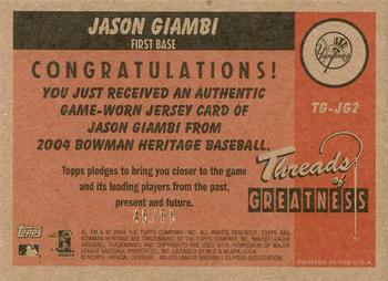 2004 Bowman Heritage - Threads of Greatness Gold #TG-JG2 Jason Giambi Back