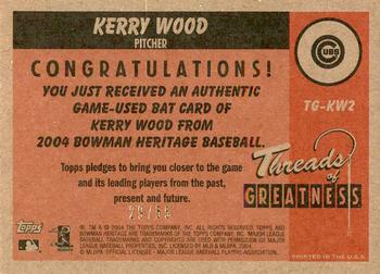 2004 Bowman Heritage - Threads of Greatness Gold #TG-KW2 Kerry Wood Back