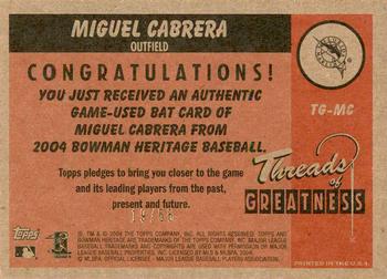 2004 Bowman Heritage - Threads of Greatness Gold #TG-MC Miguel Cabrera Back