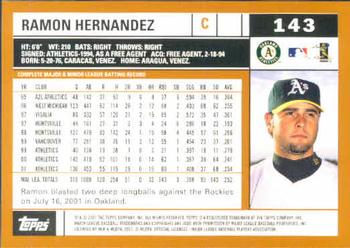 2002 Topps #143 Ramon Hernandez Back