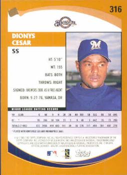 2002 Topps #316 Dionys Cesar Back