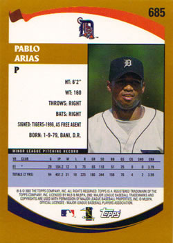 2002 Topps #685 Pablo Arias Back