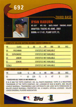 2002 Topps #692 Ryan Raburn Back