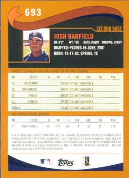 2002 Topps #693 Josh Barfield Back