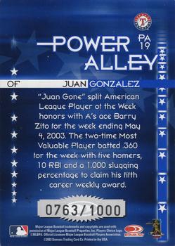 2004 Donruss - Power Alley Blue #PA19 Juan Gonzalez Back