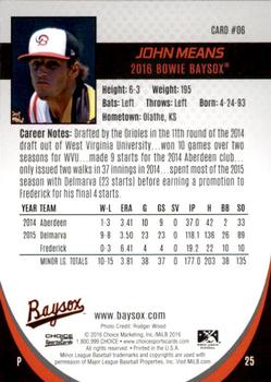 2016 Choice Bowie Baysox - Update #6 John Means Back