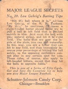 1935 Schutter-Johnson R332 #20 Lou Gehrig Back