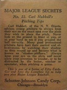 1935 Schutter-Johnson R332 #22 Carl Hubbell Back