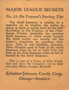 1935 Schutter-Johnson R332 #23 Pie Traynor Back