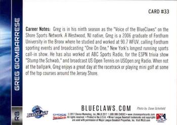 2017 Choice Lakewood BlueClaws #33 Greg Giombarrese Back