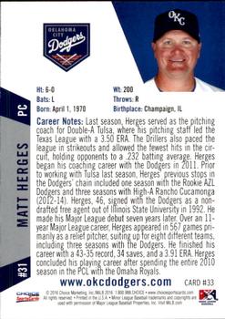 2016 Choice Oklahoma City Dodgers #33 Matt Herges Back
