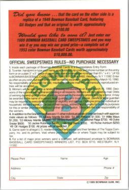 1989 Bowman - Reprint Sweepstakes (Tiffany) #NNO Gil Hodges Back