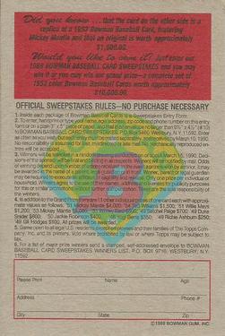 1989 Bowman - Reprint Sweepstakes (Tiffany) #NNO Mickey Mantle Back