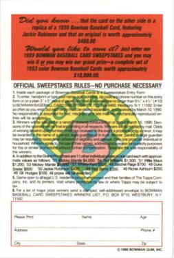 1989 Bowman - Reprint Sweepstakes (Tiffany) #NNO Jackie Robinson Back