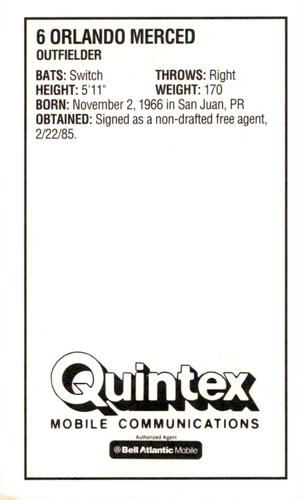 1993 Quintex Pittsburgh Pirates SGA #NNO Orlando Merced Back