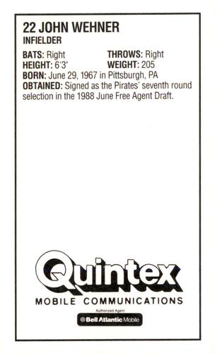1993 Quintex Pittsburgh Pirates SGA #NNO John Wehner Back