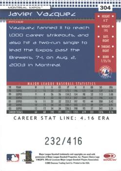2004 Donruss - Stat Line Career #304 Javier Vazquez Back