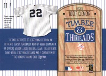 2004 Donruss - Timber & Threads #TT-17 Roger Clemens Back