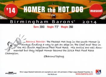 2014 Grandstand Birmingham Barons #NNO Homer the Hot Dog Back