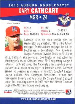 2015 Choice Auburn Doubledays #31 Gary Cathcart Back
