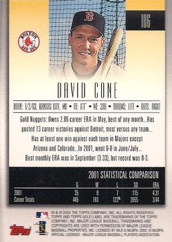 2002 Topps Gold Label #106 David Cone Back