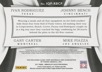 2017 Panini Immaculate Collection - Immaculate Quad Players #IQP-RBCP Ivan Rodriguez / Johnny Bench / Gary Carter / Mike Piazza Back