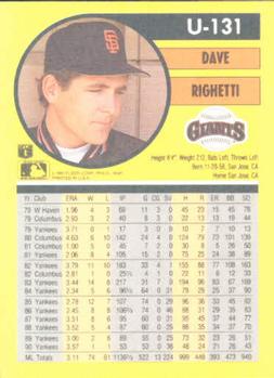 1991 Fleer Update #U-131 Dave Righetti Back