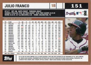 2002 Topps Opening Day #151 Julio Franco Back