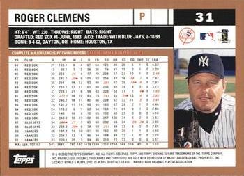 2002 Topps Opening Day #31 Roger Clemens Back