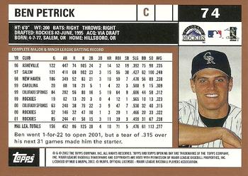 2002 Topps Opening Day #74 Ben Petrick Back