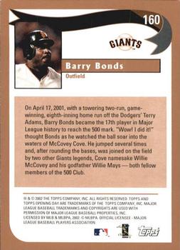 2002 Topps Opening Day #160 Barry Bonds Back