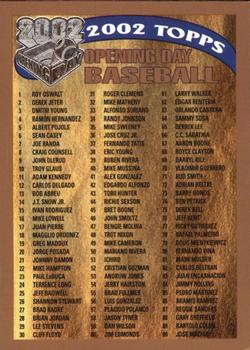 2002 Topps Opening Day #165 Checklist Front