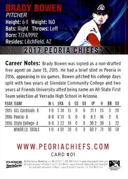 2017 Choice Peoria Chiefs #1 Brady Bowen Back
