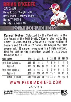 2017 Choice Peoria Chiefs #16 Brian O'Keefe Back