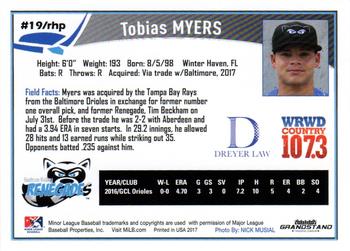 2017 Grandstand Hudson Valley Renegades #NNO Tobias Myers Back