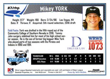 2017 Grandstand Hudson Valley Renegades #NNO Mikey York Back