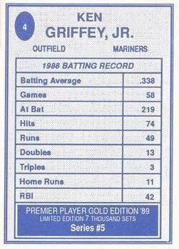 1989 Premier Player Gold Edition Series 5 (unlicensed) #4 Ken Griffey Jr. Back