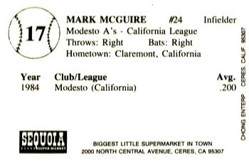 1985 Chong Modesto A's #17 Mark McGwire Back