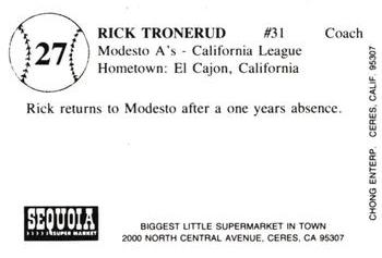 1985 Chong Modesto A's #27 Rick Tronerud Back